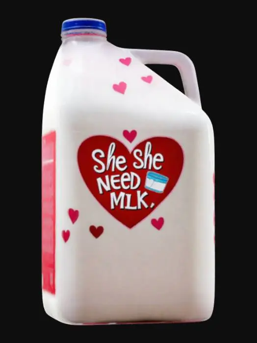 3D model for #valentine#, a gallon of milk that says "SHE NEED MILK" on it
