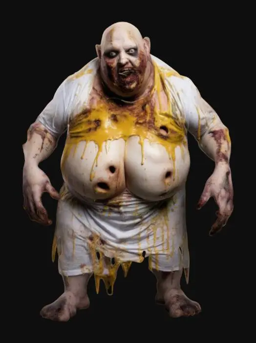 3D model for an obese bald messy zombie with holes and mustard stains on his shirt