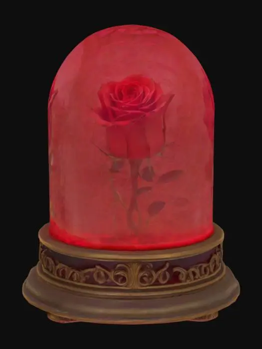 3D model for solitary, glowing red rose, delicately encased in an ornate glass dome, #garden#