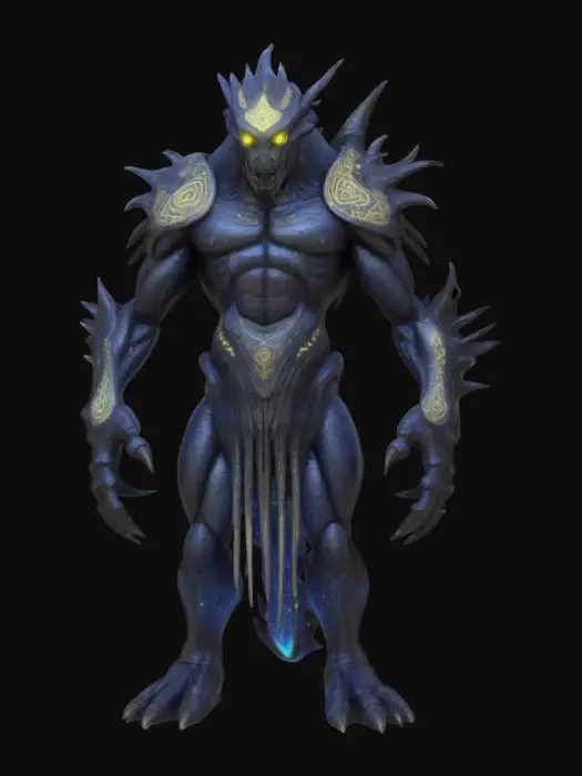 3D model for a colossal, otherworldly behemoth with a sinewy, armored frame of shimmering obsidian scales etched in glowing, ancient runes, eyes like swirling galaxies of starlight, and twisting, serpentine limbs tipped with razor-sharp crystalline talons that slice through reality itself