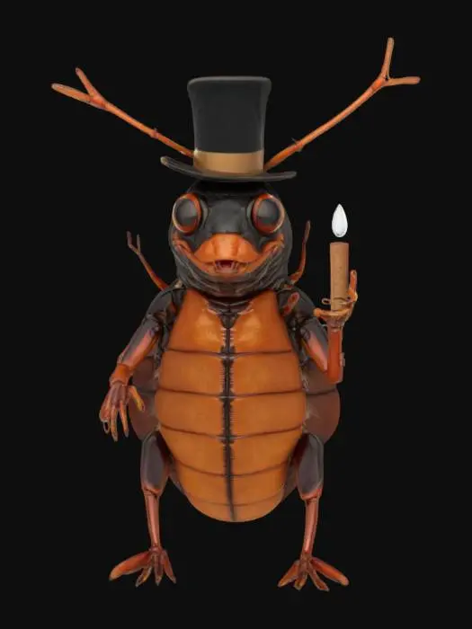 3D model for a cockroach wearing a hat and smoking a cigar