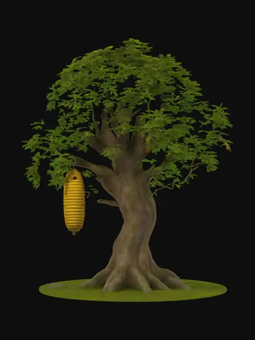 3D model for a tree with a hanging beehive attached to one of its branches, #garden#