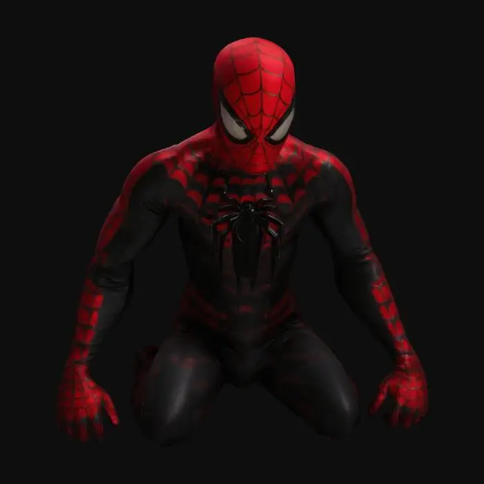 3D model for a man who is a spider and wears a red and black webbed suit