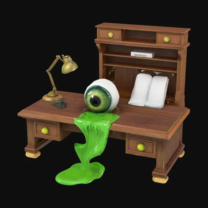 3D model for a desk with a realistic eyeball on it oozing green