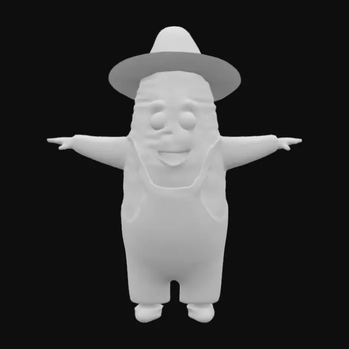3D model for Um milho antropomorfizado, morador do reino do milho, totalmente simetrico, t-pose, olhando para frente, vestindo roupas de fazendeiro