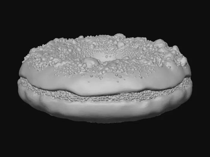 3D model for crispy white tempura donut with white powder on top of the donut. with messy crust and crunchy looks and small hole in the middle of the donut