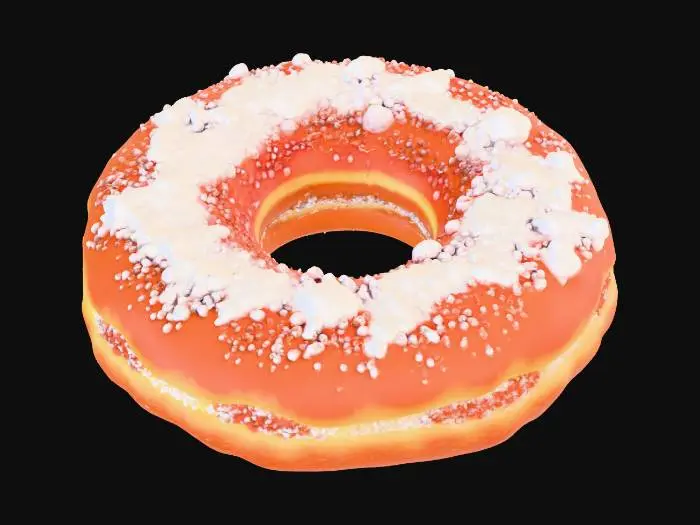 3D model for crispy white tempura donut with white powder on top of the donut. with messy crust and crunchy looks and small hole in the middle of the donut