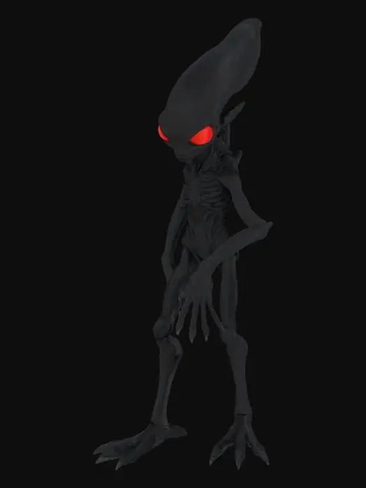 3D model for Create a purple alien creature with two legs, two hands with 5 fingers each hand, a big tail, two big wings.