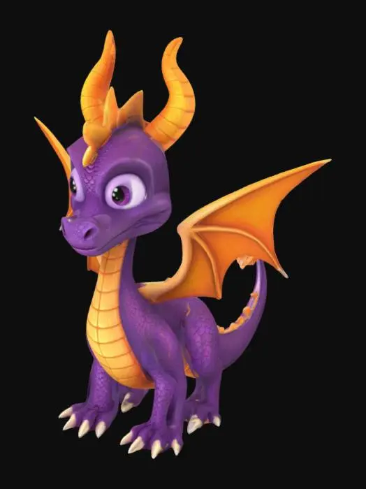 3D model for Highly detailed 3D mesh of "Spyro the Dragon", accurately modeled based on the classic appearance from the original PlayStation game series (late 90s style). Stylized, cartoonish proportions, with large expressive eyes, small wings, curled tail, and ridged back horns. Standing in a neutral A-pose, with closed mouth and neutral facial expression. Mesh should be optimized and watertight, manifold geometry, no intersecting parts, ready for 3D printing. No textures required, only clean geometry suitable for slicing. No base or stand unless integral for structural support.