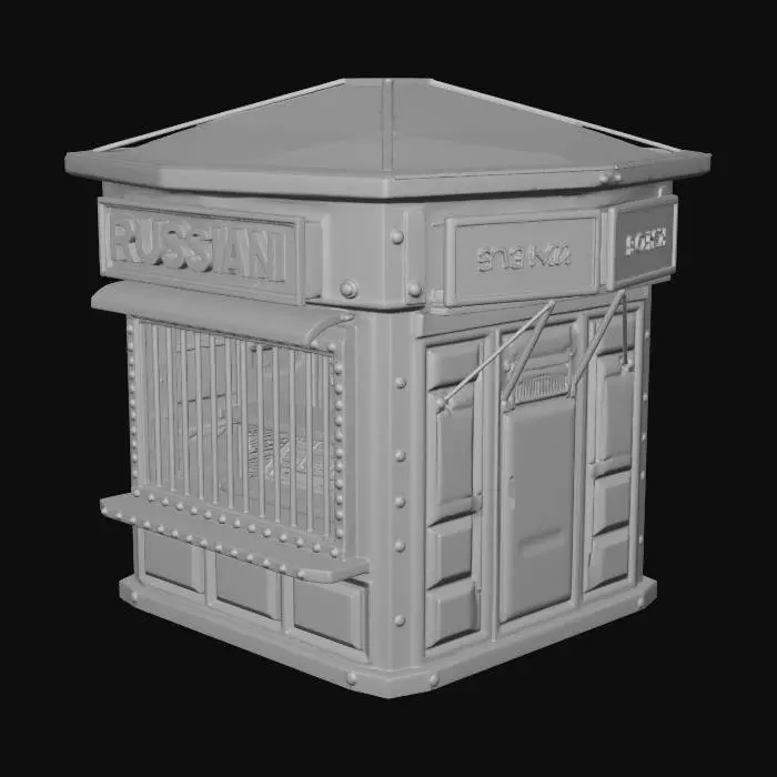 3D model for Stylized 3D model of a russian street kiosk from early 2000s, metal structure, colorful signage, barred windows, cartoon style, rusty textures, low poly, exaggerated features, street prop.