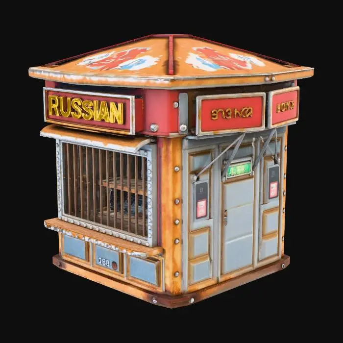 3D model for Stylized 3D model of a russian street kiosk from early 2000s, metal structure, colorful signage, barred windows, cartoon style, rusty textures, low poly, exaggerated features, street prop.