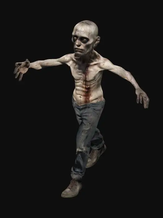 3D model for Full-body depiction of a gritty, deteriorated drug addict character spread his arms like a T, slender, emaciated physique showing malnutrition, slouched posture, hollow cheeks and prominent bones, pale, unhealthy skin, bloodshot eyes with heavy dark circles, greasy, messy hair, ragged and dirty clothing with visible stains and tears, worn-out shoes, unsteady stance, expression of despair and exhaustion, realistic textures, cinematic lighting, detailed hyperrealism., #game figure# #nohair
