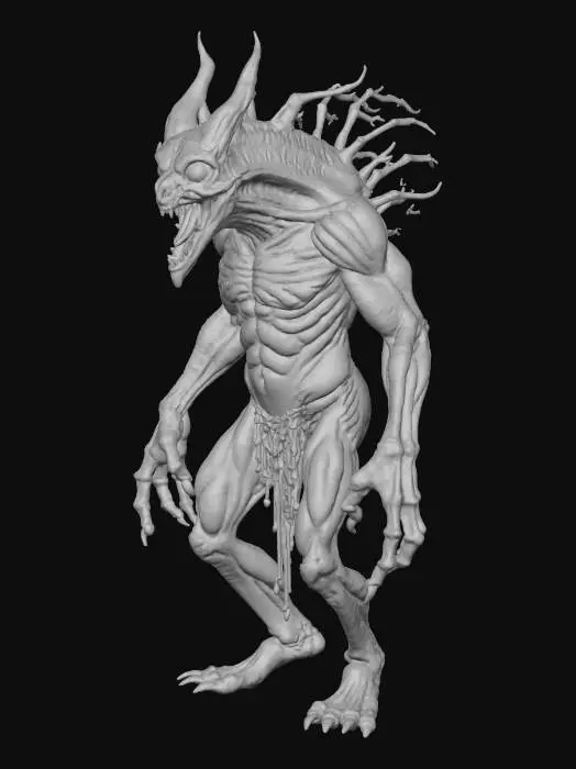 3D model for biped infernal spitter, distended acid sac chest, bone mask face, long forearms, PBR realistic, emissive green veins, game-ready under 35k tris, clean topology, separate mouth socket for projectile