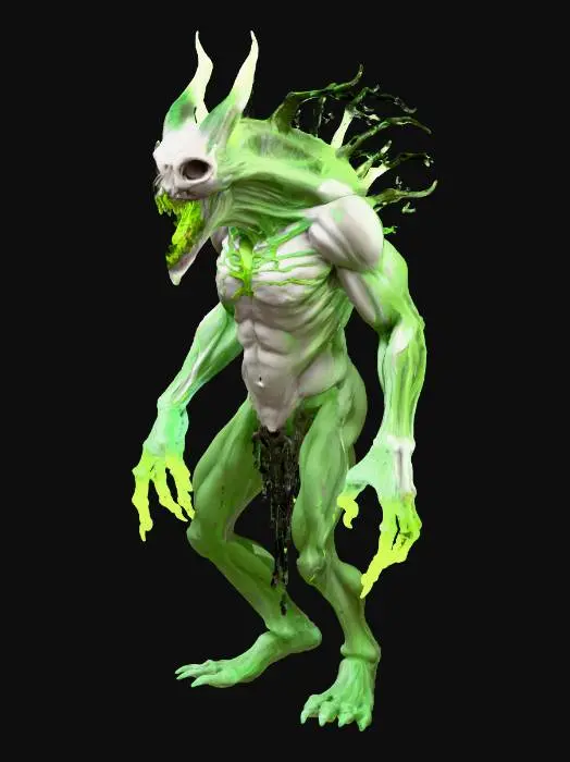 3D model for biped infernal spitter, distended acid sac chest, bone mask face, long forearms, PBR realistic, emissive green veins, game-ready under 35k tris, clean topology, separate mouth socket for projectile