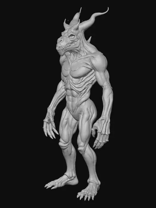 3D model for biped infernal spitter, distended acid sac chest, bone mask face, long forearms, PBR realistic, emissive green veins, game-ready under 35k tris, clean topology, separate mouth socket for projectile