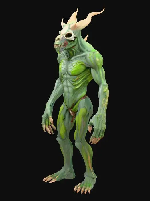 3D model for biped infernal spitter, distended acid sac chest, bone mask face, long forearms, PBR realistic, emissive green veins, game-ready under 35k tris, clean topology, separate mouth socket for projectile