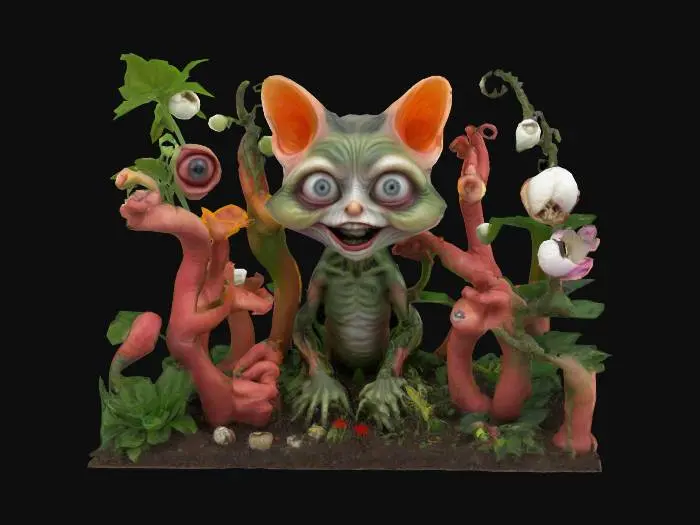 3D model for Imagine a garden.
The garden is hyper detailed and realistic. but there's a twist.
The plants are twisted and morphed people that are in agony.
Each plant is made of mixed body parts like an arm for a stem, eyes or even decayed faces.
Make the scene vibrant and creepy with a mix of ominous impending danger.
There is a happy kitten in the middle of the scene with cute fur and big eyes and a menacing human smile.
, #garden#
