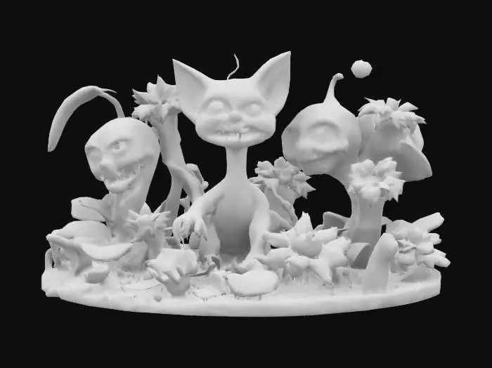 3D model for Imagine a garden.
The garden is hyper detailed and realistic. but there's a twist.
The plants are twisted and morphed people that are in agony.
Each plant is made of mixed body parts like an arm for a stem, eyes or even decayed faces.
Make the scene vibrant and creepy with a mix of ominous impending danger.
There is a happy kitten in the middle of the scene with cute fur and big eyes and a menacing human smile.
, #garden#