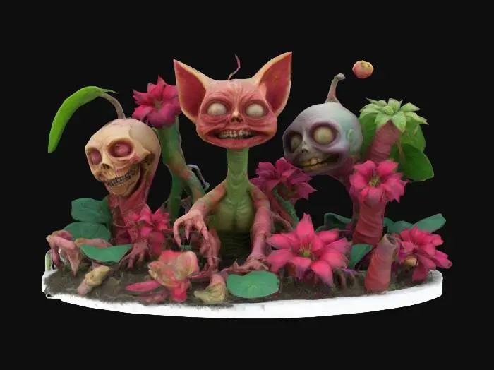 3D model for Imagine a garden.
The garden is hyper detailed and realistic. but there's a twist.
The plants are twisted and morphed people that are in agony.
Each plant is made of mixed body parts like an arm for a stem, eyes or even decayed faces.
Make the scene vibrant and creepy with a mix of ominous impending danger.
There is a happy kitten in the middle of the scene with cute fur and big eyes and a menacing human smile.
, #garden#