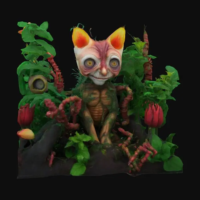 3D model for Imagine a garden.
The garden is hyper detailed and realistic. but there's a twist.
The plants are twisted and morphed people that are in agony.
Each plant is made of mixed body parts like an arm for a stem, eyes or even decayed faces.
Make the scene vibrant and creepy with a mix of ominous impending danger.
There is a happy kitten in the middle of the scene with cute fur and big eyes and a menacing human smile.
, #garden#