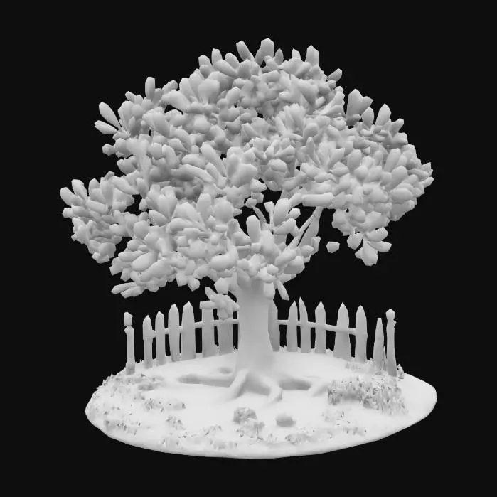 3D model for Imagine a Hyper realistic tree. the tree trunk is grainy and wooden with Ultra realistic textures.
The leaves are each individual and deeply analyzed with vivid details and uniqueness.
Do an expansive dive into leaves and how their appearance might be simulated to resemble real life.
Around the base of the tree is a patch of grass and dirt with some small pebbles strewn.
Pay extra cautious and gentle care to the detailing and design of the scene.
Add flowers and a single picket Pence.
, #garden#