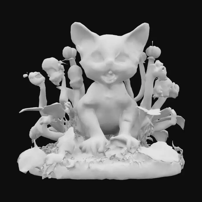 3D model for Imagine a garden.
The garden is hyper detailed and realistic. but there's a twist.
The plants are twisted and morphed people that are in agony.
Each plant is made of mixed body parts like an arm for a stem, eyes or even decayed faces.
Make the scene vibrant and creepy with a mix of ominous impending danger.
There is a happy kitten in the middle of the scene with cute fur and big eyes and a menacing human smile.
, #garden#