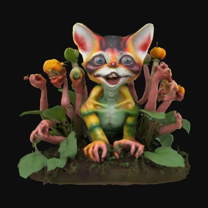 3D model for Imagine a garden.
The garden is hyper detailed and realistic. but there's a twist.
The plants are twisted and morphed people that are in agony.
Each plant is made of mixed body parts like an arm for a stem, eyes or even decayed faces.
Make the scene vibrant and creepy with a mix of ominous impending danger.
There is a happy kitten in the middle of the scene with cute fur and big eyes and a menacing human smile.
, #garden#