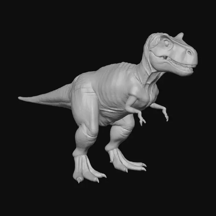 3D model for A hyper-realistic Tyrannosaurus Rex stands in a relaxed, default pose, its massive, muscled body covered in finely detailed scales. The skin exhibits a rich, earthy green-brown coloration with subtle mottling, revealing a tough, leathery texture punctuated by occasional scutes and wrinkles around its powerful joints. Its thick, tapered tail rests on the ground, balancing the immense head, which features sharp, menacing teeth within a heavily textured jawline and keen, amber eyes set deep in bony sockets.