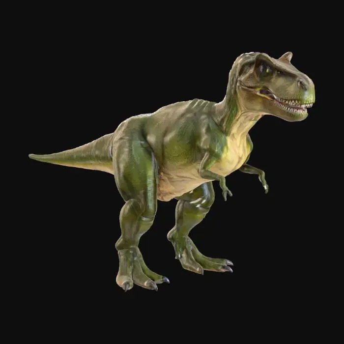 3D model for A hyper-realistic Tyrannosaurus Rex stands in a relaxed, default pose, its massive, muscled body covered in finely detailed scales. The skin exhibits a rich, earthy green-brown coloration with subtle mottling, revealing a tough, leathery texture punctuated by occasional scutes and wrinkles around its powerful joints. Its thick, tapered tail rests on the ground, balancing the immense head, which features sharp, menacing teeth within a heavily textured jawline and keen, amber eyes set deep in bony sockets.