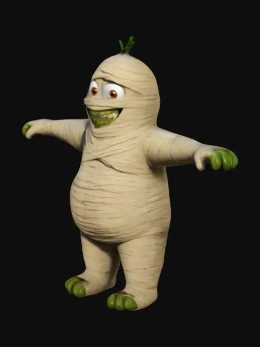 3D model for Make a cartoon 3d character , he is a mix of a mummy and pickles in t-pose arms spread ready for rigging