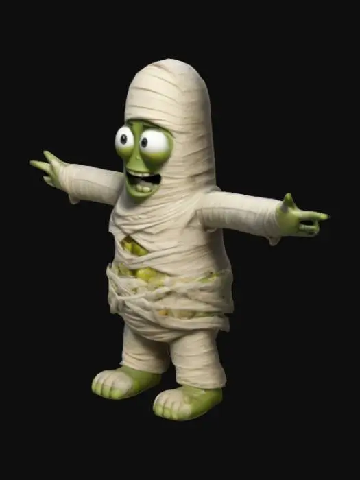 3D model for Make a cartoon 3d character , he is a mix of a mummy and pickles in t-pose arms spread ready for rigging