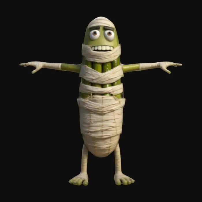 3D model for Make a cartoon 3d character , he is a mix of a mummy and pickles in t-pose arms spread ready for rigging