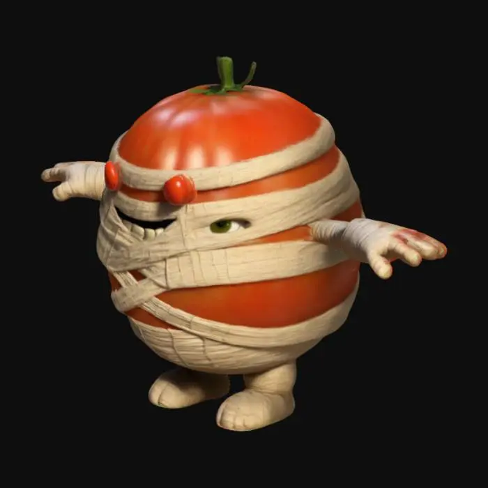 3D model for Make a cartoon 3d character; he is a mix of a mummy and a tomato in t-pose arms spread ready for rigging