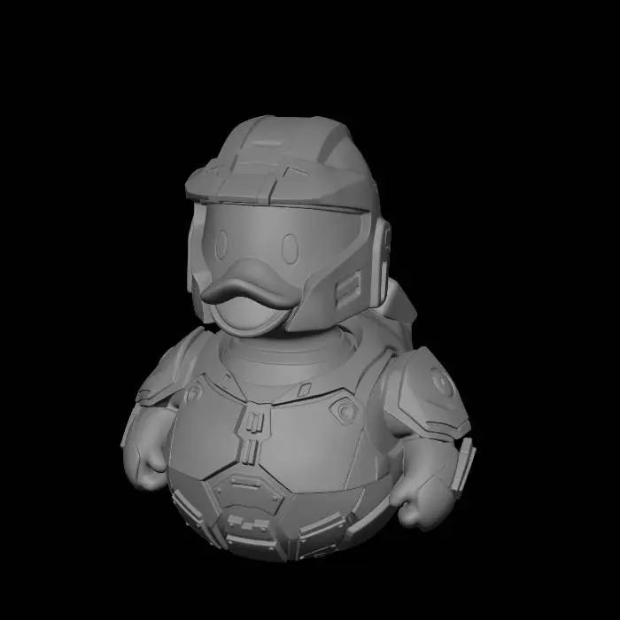 3D model for A cute yellow rubber duck wearing a full set of Master Chief's Spartan Mark VI armor from Halo. The duck has a green MJOLNIR helmet with a reflective gold visor, a chest plate, and shoulder pads. The armor is sage green with minor battle scars. The body is a classic smooth yellow rubber duck. High detail, 4k, stylized 3D model, toy aesthetic.