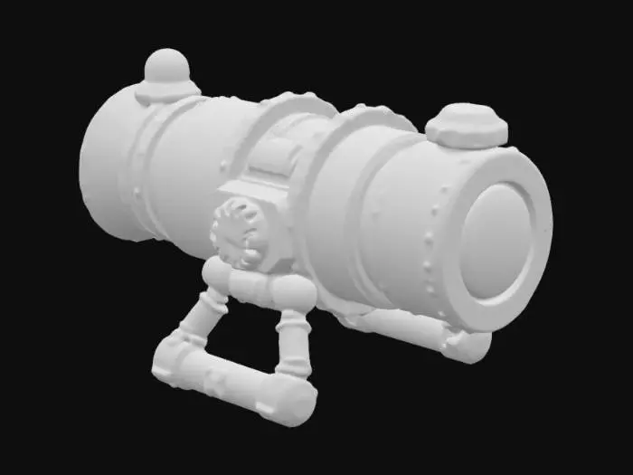 3D model for "A futuristic snowball cannon with a sleek, cylindrical metallic body. The barrel is reinforced with angular, mechanical ribs and a large, round opening at the front. Along the sides, cylindrical storage compartments for snowballs are integrated, each with a retractable, gear-operated lid. The cannon features a series of buttons and switches for firing control, with a large, metallic crystal-like button on top.."
, #ChristmasAdventure#