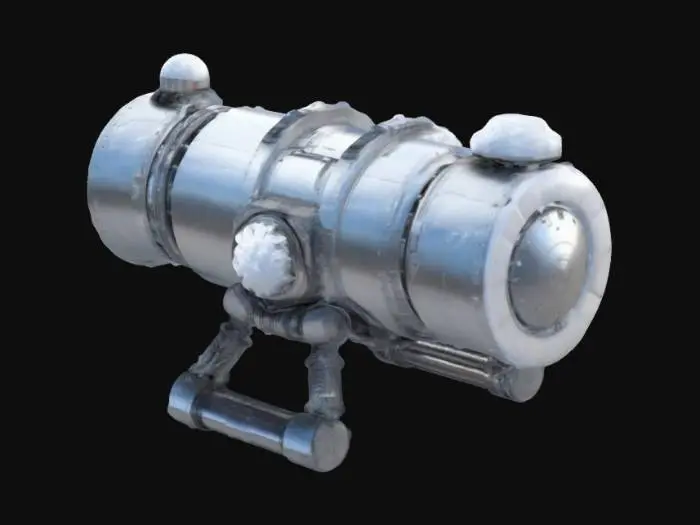 3D model for "A futuristic snowball cannon with a sleek, cylindrical metallic body. The barrel is reinforced with angular, mechanical ribs and a large, round opening at the front. Along the sides, cylindrical storage compartments for snowballs are integrated, each with a retractable, gear-operated lid. The cannon features a series of buttons and switches for firing control, with a large, metallic crystal-like button on top.."
, #ChristmasAdventure#