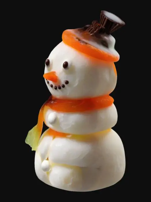 3D model for "Act as an expert in edible crafts and design a snowman made entirely of candies. The snowman's body consists of three round white marshmallows stacked vertically, held together with a small skewer or toothpick. Use chocolate chips or black licorice pieces for the eyes and buttons, and a small orange candy (like a gummy or jelly bean) shaped as a carrot for the nose. Add a tiny red licorice scarf wrapped around its neck and a mini chocolate hat  , #ChristmasAdventure#, 
