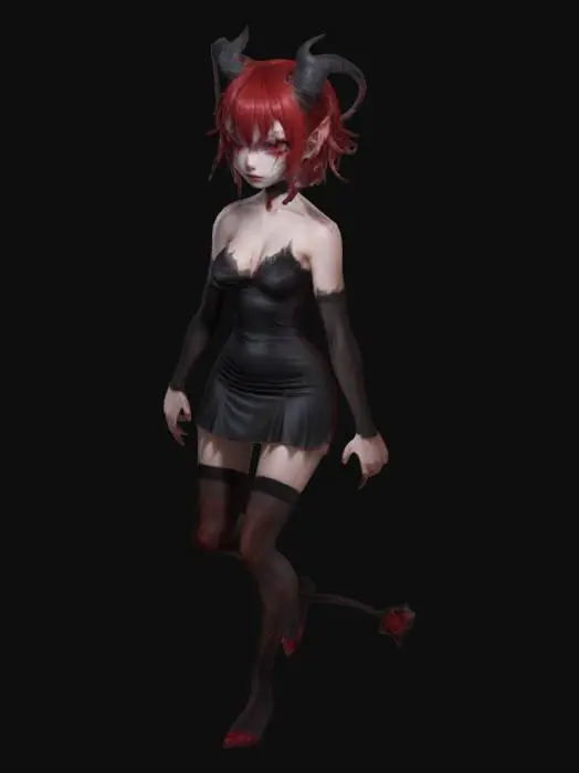 3D model for A beautiful female demon with red skin wearing a thin tight cocktail dress with realistic proportions. She has cute anime girl eyes. Wearing black over the knee socks.