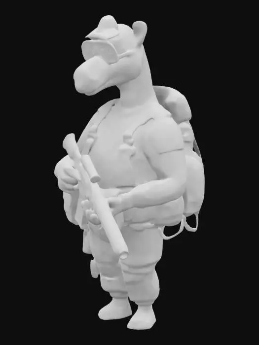 3D model for a camel wearing military gear as a soldier holding a paintball gun and wearing a paintball mask.