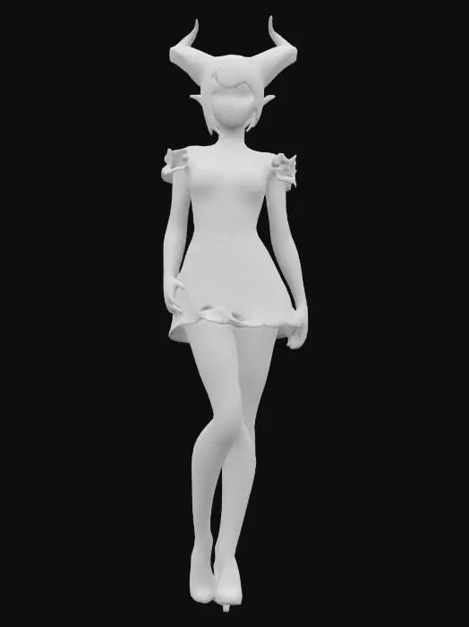 3D model for A beautiful female demon with red skin wearing a thin tight cocktail dress with realistic proportions. She has cute anime girl eyes. Wearing black over the knee socks.