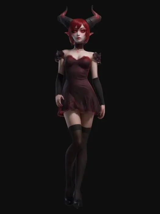 3D model for A beautiful female demon with red skin wearing a thin tight cocktail dress with realistic proportions. She has cute anime girl eyes. Wearing black over the knee socks.