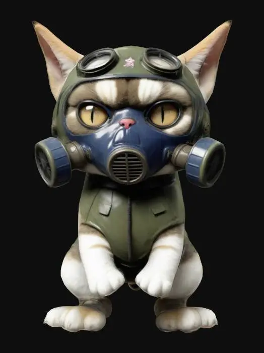 3D model for A short fat obese Japanese Anime Humanoid Cat that has American short hair fur and wearing a Military style Gas Mask.
