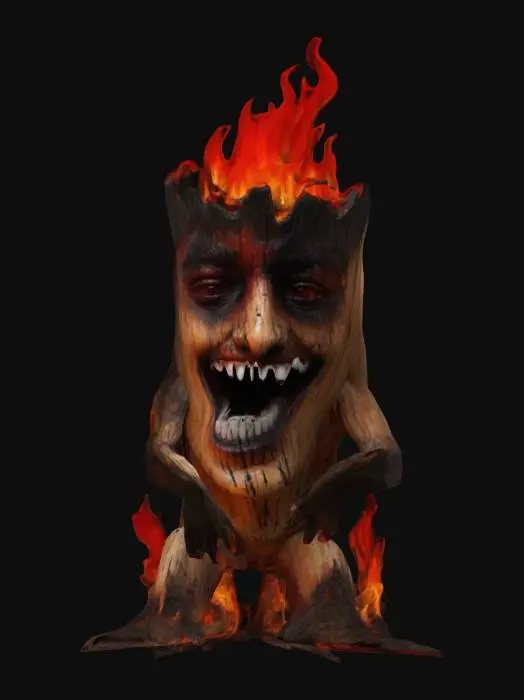 3D model for a short tree stump playable video game character that is a tree stump with 2 legs and 2 arms, big black eyes. a big shark like teeth. no leaves; and humanoid like structure to walk upright is a low poly tree stump character that is on fire! the tree stump has flames burning on the wood.