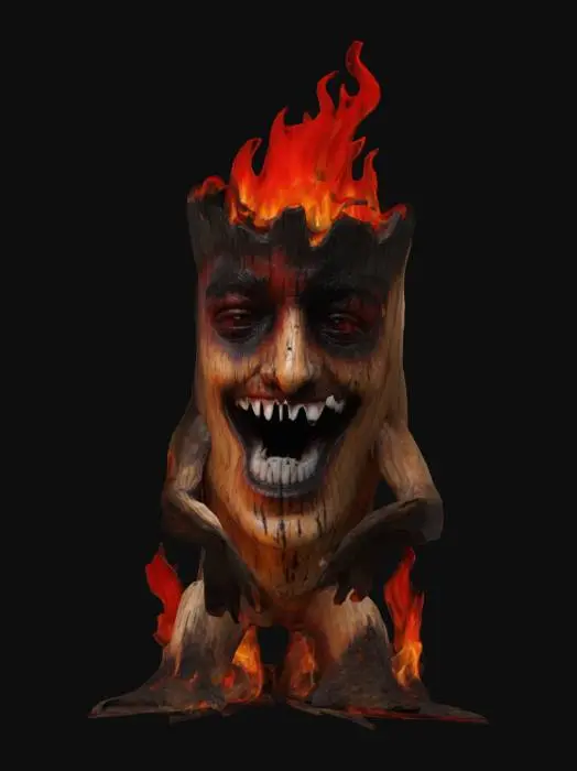 3D model for a short tree stump playable video game character that is a tree stump with 2 legs and 2 arms, big black eyes. a big shark like teeth. no leaves; and humanoid like structure to walk upright is a low poly tree stump character that is on fire! the tree stump has flames burning on the wood.