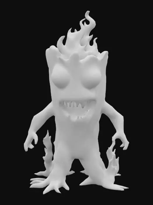 3D model for a short tree stump playable video game character that is a tree stump with 2 legs and 2 arms, big black eyes. a big shark like teeth. no leaves; and humanoid like structure to walk upright is a low poly tree stump character that is on fire! the tree stump has flames burning on the wood.