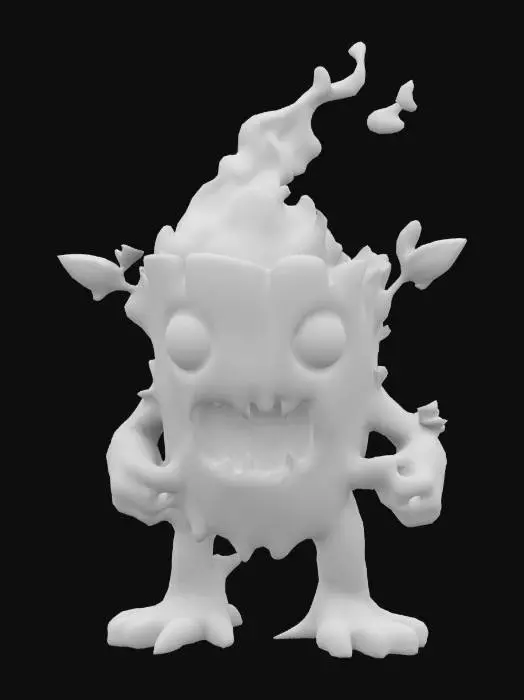 3D model for a short tree stump playable video game character that is a tree stump with 2 legs and 2 arms, big black eyes. a big shark like teeth. no leaves; and humanoid like structure to walk upright is a low poly tree stump character that is on fire! the tree stump has flames burning on the wood.