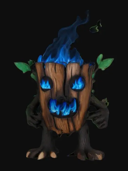 3D model for a short tree stump playable video game character that is a tree stump with 2 legs and 2 arms, big black eyes. a big shark like teeth. no leaves; and humanoid like structure to walk upright is a low poly tree stump character that is on fire! the tree stump has flames burning on the wood.