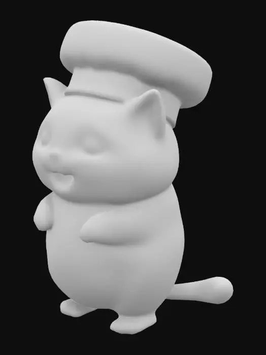 3D model for A short fat obese Japanese Anime Humanoid Cat that has American short hair fur. Digital binary pattern heart pupils and chef's hat.