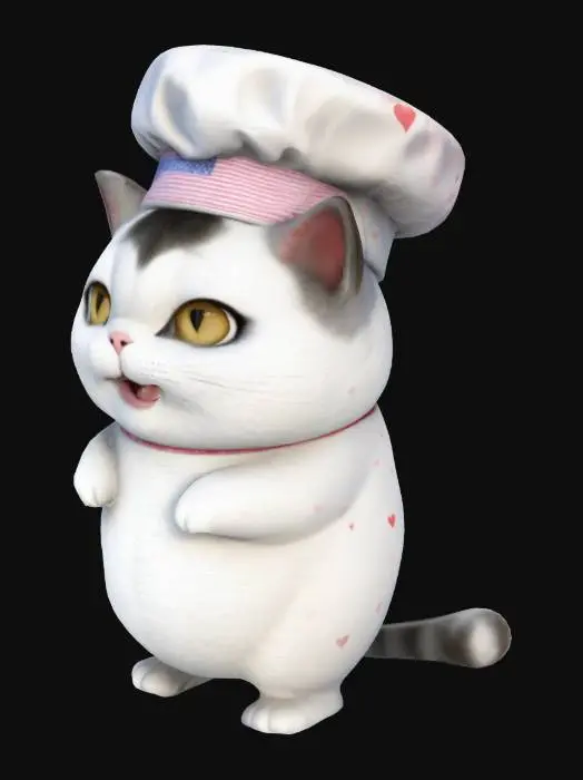 3D model for A short fat obese Japanese Anime Humanoid Cat that has American short hair fur. Digital binary pattern heart pupils and chef's hat.