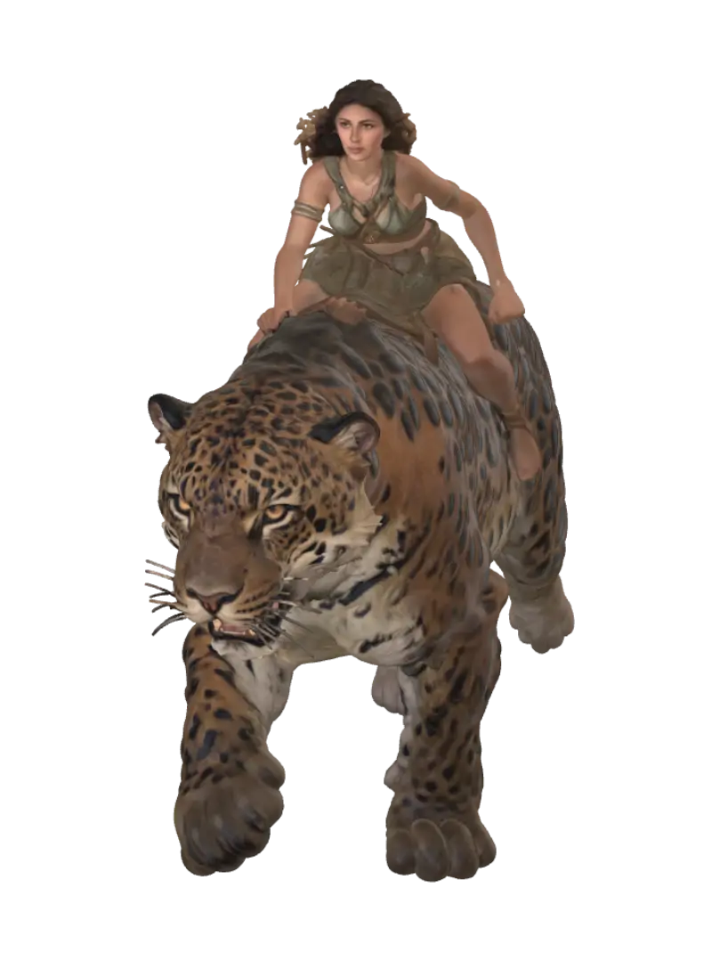 Woman riding jaguar - Goldenhour 3D model, vytvořený pomocí AI